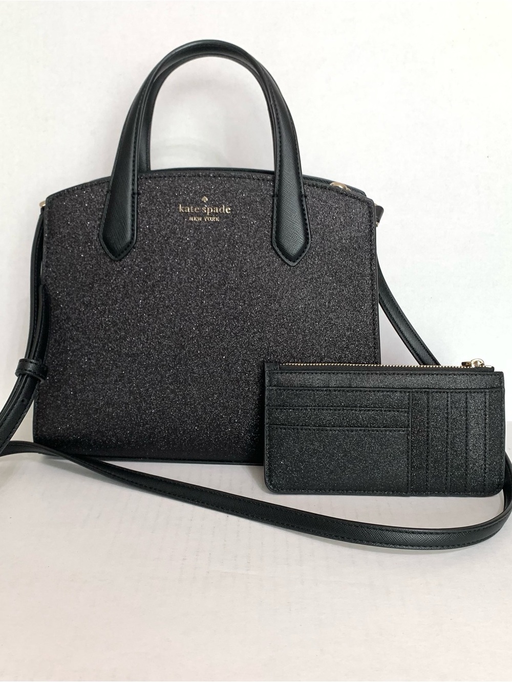 Kate Spade Tinsel Glitter Fabric Satchel Crossbody Bag & Matching Wallet Black